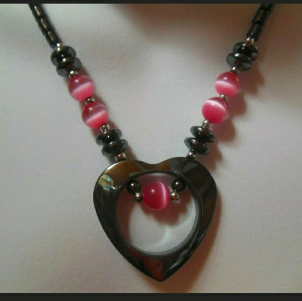 Heart  Pendant Natural Hematite Necklace Beaded